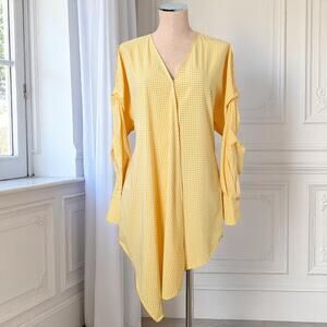 New REVEUSE Yellow Staggered White Gingham Plaid Wrap Style Blouse Shirt Top M